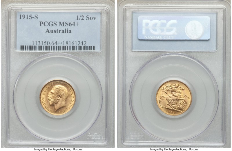 George V gold 1/2 Sovereign 1915-S MS64+ PCGS, Sydney mint, KM28. Near gem, a le...