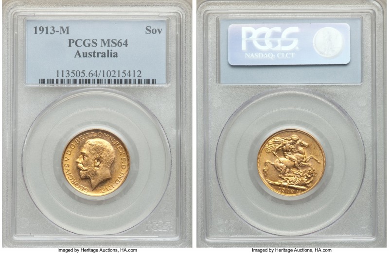 George V gold Sovereign 1913-M MS64 PCGS, Melbourne mint, KM29. An unusually bri...