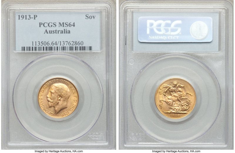 George V gold Sovereign 1913-P MS64 PCGS, Perth mint, KM29. The highest grade le...