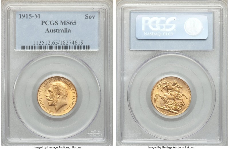 George V gold Sovereign 1915-M MS65 PCGS, Melbourne mint, KM29. The obverse with...