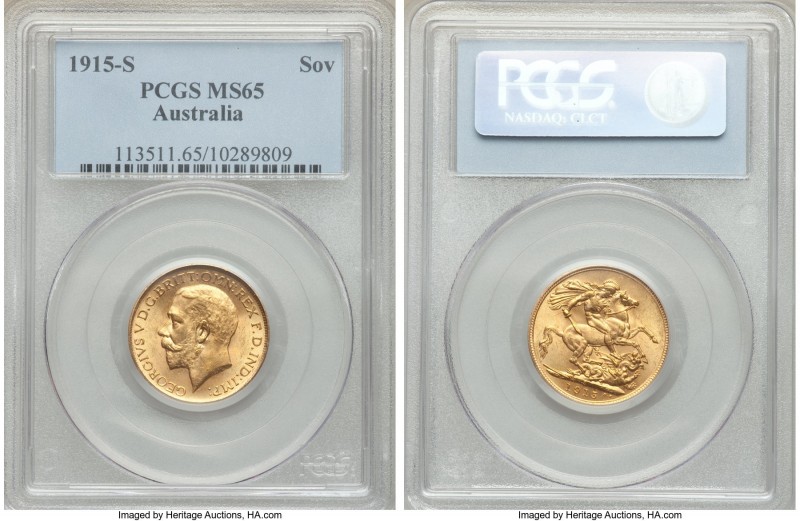 George V gold Sovereign 1915-S MS65 PCGS, Sydney mint, KM29. Especially attracti...