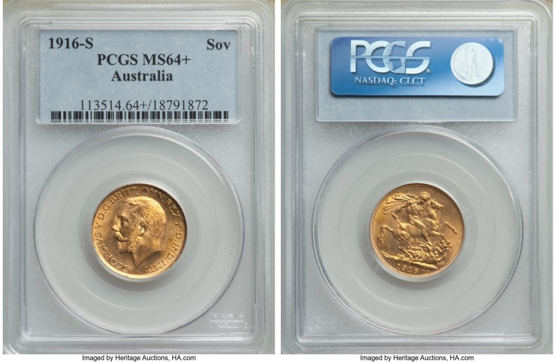 George V gold Sovereign 1916-S MS64+ PCGS, Sydney mint, KM29. Almost a gem, a be...