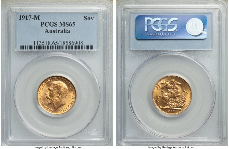 George V gold Sovereign 1917-M MS65 PCGS, Melbourne mint, KM29. A scarcely touch...