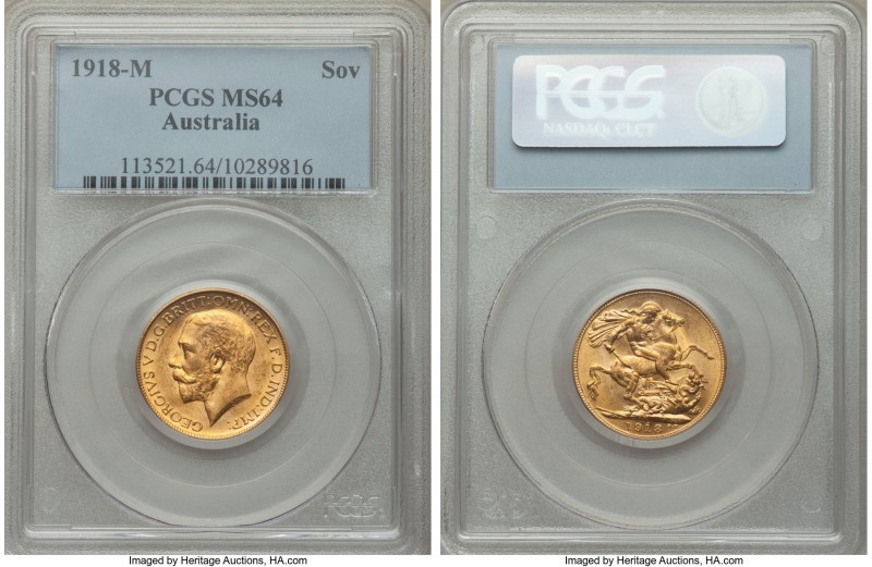 George V gold Sovereign 1918-M MS64 PCGS, Melbourne mint, KM29. At the highest g...