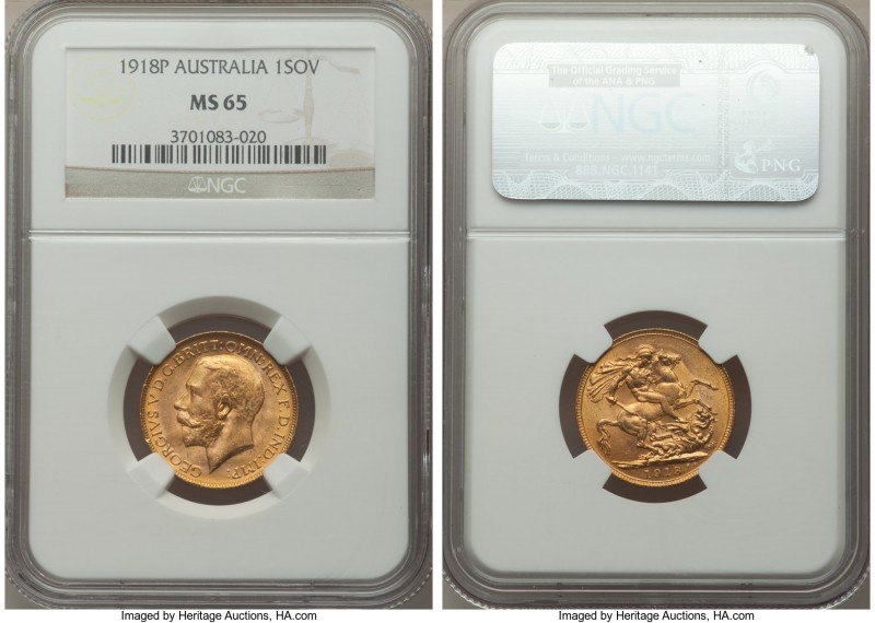 George V gold Sovereign 1918-P MS65 NGC, Perth mint, KM29. The highest grade lev...