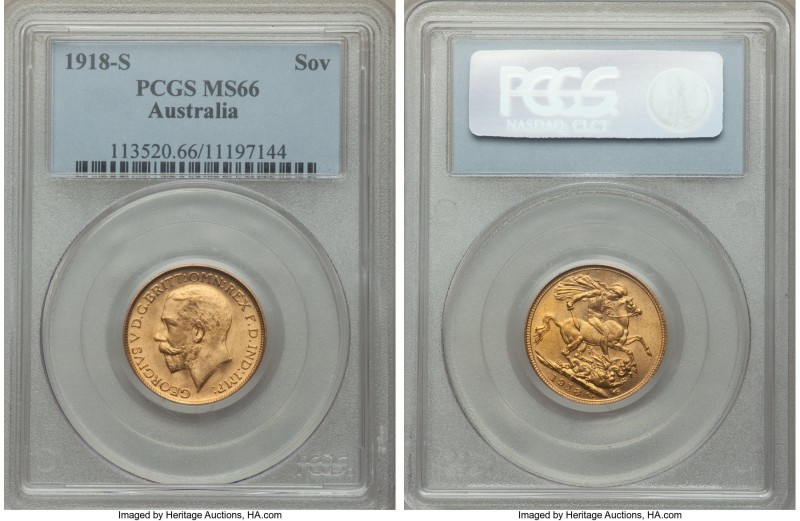 George V gold Sovereign 1918-S MS66 PCGS, Sydney mint, KM29. Extremely well-pres...