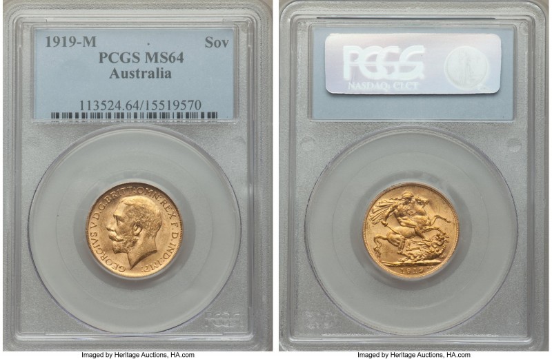 George V gold Sovereign 1919-M MS64 PCGS, Melbourne mint, KM29. Tied for highest...