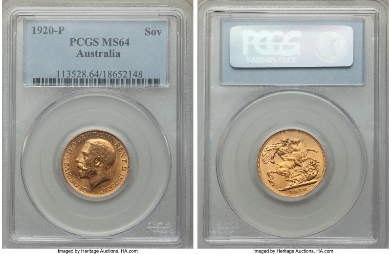 George V gold Sovereign 1920-P MS64 PCGS, Perth mint, KM29. An appealing matte t...