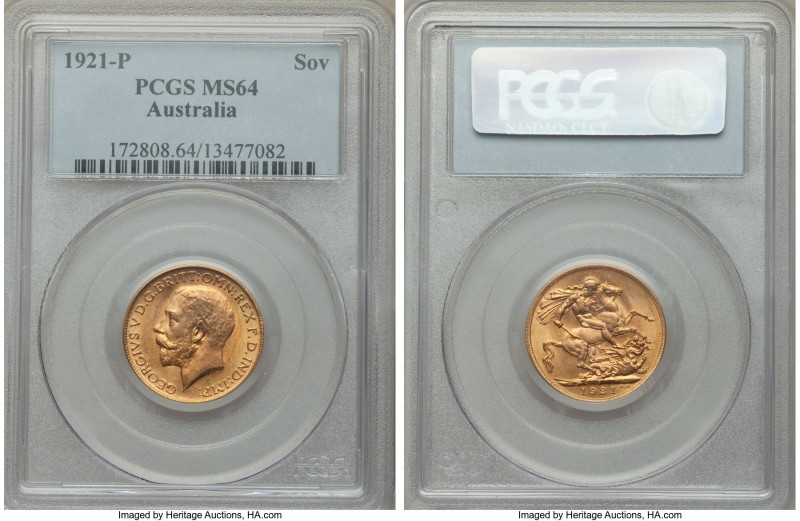 George V gold Sovereign 1921-P MS64 PCGS, Perth mint, KM29. Pleasing mint bloom....