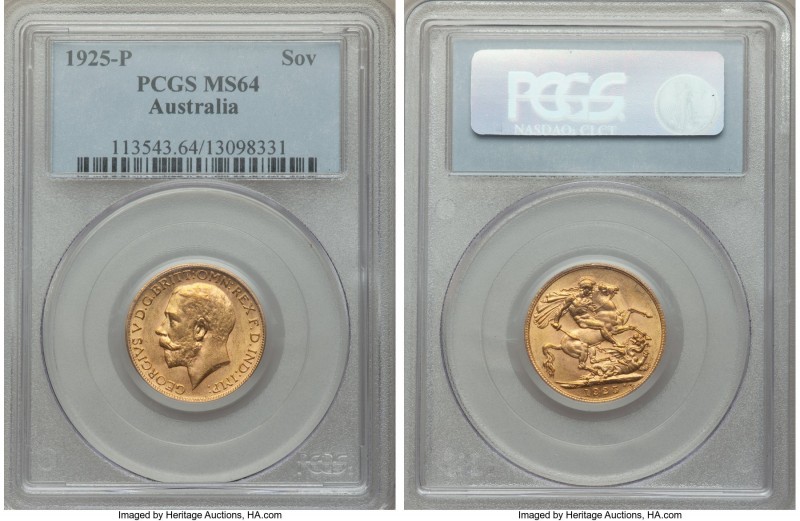 George V gold Sovereign 1925-P MS64 PCGS, Perth mint, KM29. The highest grade le...