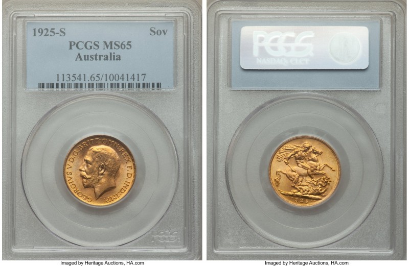 George V gold Sovereign 1925-S MS65 PCGS, Sydney mint, KM29. A particularly attr...