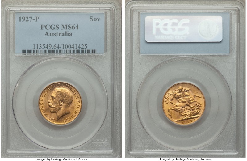 George V gold Sovereign 1927-P MS64 PCGS, Perth mint, KM29. Light sunset colorat...