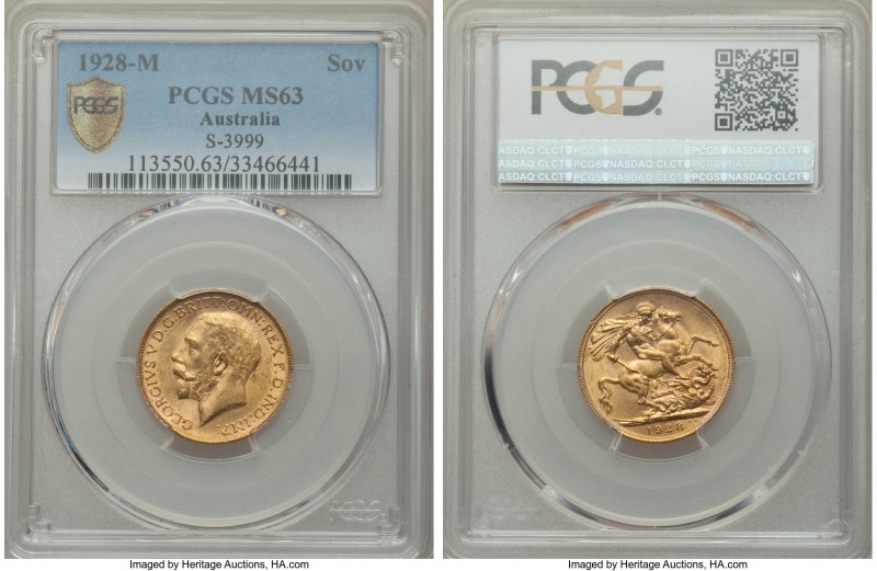 George V gold Sovereign 1928-M MS63 PCGS, Melbourne mint, KM29, S-3999. One of t...