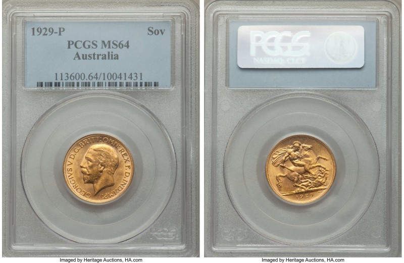 George V gold Sovereign 1929-P MS64 PCGS, Perth mint, KM32. Devices picked out i...