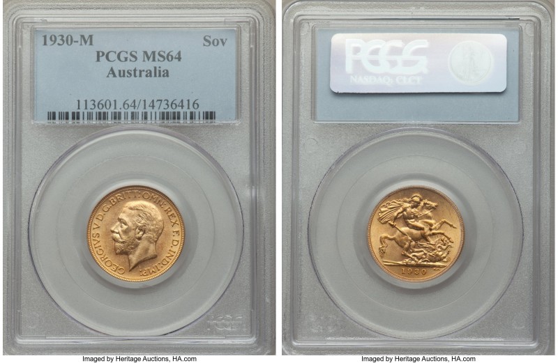 George V gold Sovereign 1930-M MS64 PCGS, Melbourne mint, KM32. Almost the highe...