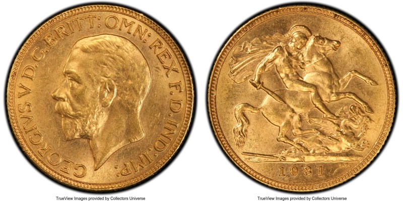 George V gold Sovereign 1931-M MS64 PCGS, Melbourne mint, KM32. Tied for finest ...