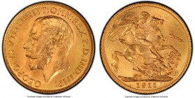 George V gold Sovereign 1911-C MS65 PCGS, Ottawa mint, KM20. Scarce in this elite gem level preservation, luster flowing in ripples outward from the s...