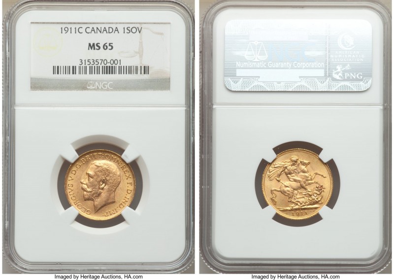 George V gold Sovereign 1911-C MS65 NGC, Ottawa mint, KM20. An immaculate Sovere...