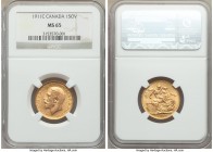 George V gold Sovereign 1911-C MS65 NGC, Ottawa mint, KM20. An immaculate Sovereign, surfaces touched with a blush of sunset red, texture a perfect sa...