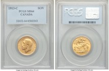 George V gold Sovereign 1913-C MS64 PCGS, Ottawa mint, KM20, S-3997. Just 3,715 Sovereigns were struck in Ottawa in 1913; hardly any are ever encounte...