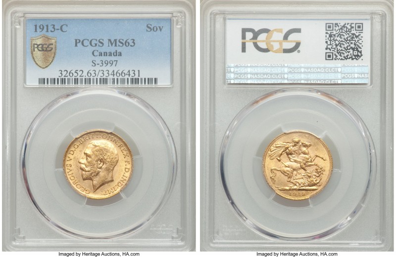 George V gold Sovereign 1913-C MS63 PCGS, Ottawa mint, KM20, S-3997. From a mint...