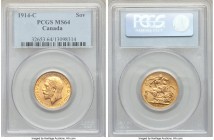 George V gold Sovereign 1914-C MS64 PCGS, Ottawa mint, KM20. Bordering on gem, a very sharply detailed Sovereign commensurate with a strong strike and...