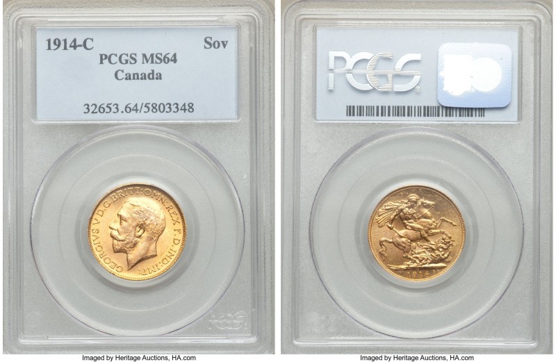 George V gold Sovereign 1914-C MS64 PCGS, Ottawa mint, KM20. An appealing near-g...