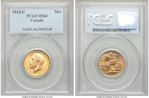 George V gold Sovereign 1914-C MS64 PCGS, Ottawa mint, KM20. An appealing near-gem example of this highly collected type, richly colored with sleek lu...
