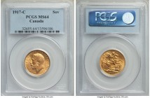 George V gold Sovereign 1917-C MS64 PCGS, Ottawa mint, KM20. A hair's breadth from a gem level grade, this Sovereign boasts satin luster across the en...