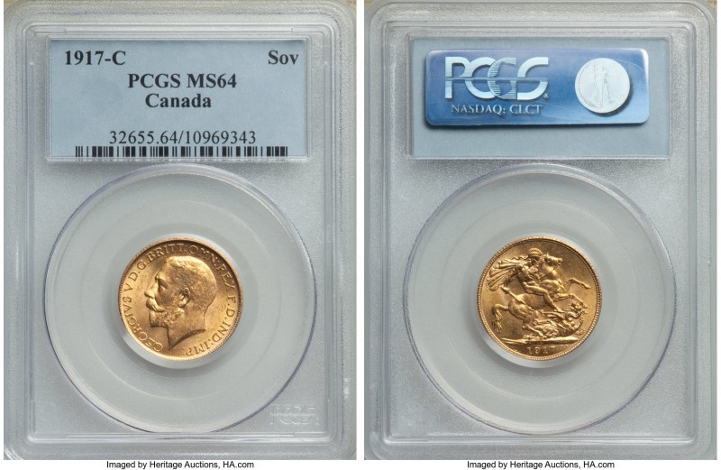 George V gold Sovereign 1917-C MS64 PCGS, Ottawa mint, KM20. Lustrous and sharpl...