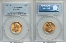George V gold Sovereign 1917-C MS64 PCGS, Ottawa mint, KM20. Lustrous and sharply detailed throughout. From the Caranett Collection of Sovereigns - #1...
