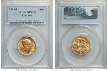 George V gold Sovereign 1918-C MS63+ PCGS, Ottawa mint, KM20. Appealing, one or two minor edge nicks but nothing major, the reverse slightly soft but ...