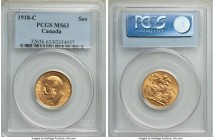 George V gold Sovereign 1918-C MS63 PCGS, Ottawa mint, KM20. Lemon-yellow with subdued luster in the centers, turning more vivid at the peripheries. F...