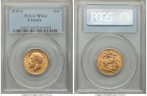 George V gold Sovereign 1919-C MS64 PCGS, Ottawa mint, KM20. Highly lustrous, a slight rose color encroaching on the devices. From the Caranett Collec...