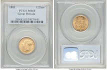 Victoria gold 1/2 Sovereign 1883 MS65 PCGS, KM735.1, S-3861. The single highest certified example of this date by either NGC or PCGS, and an undeniabl...