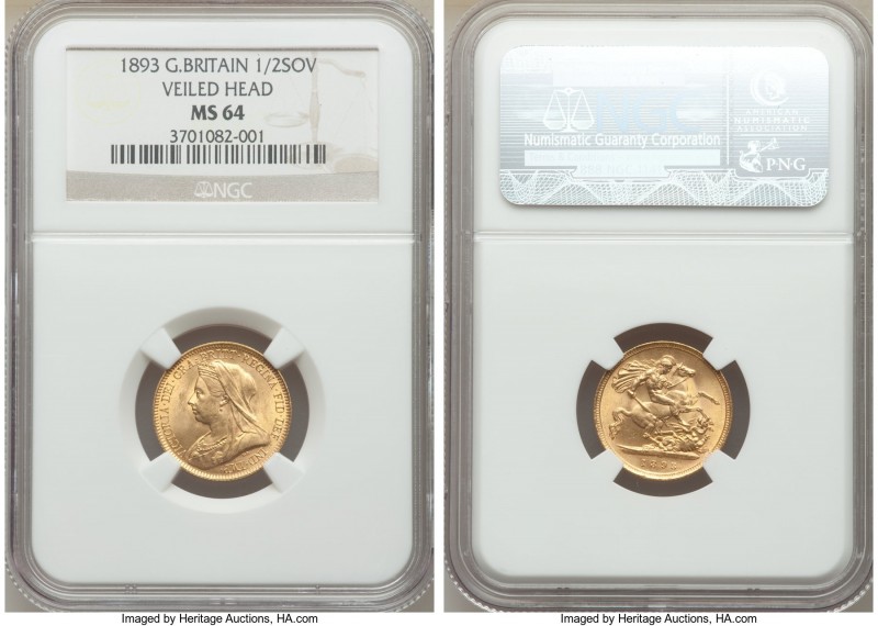 Victoria gold 1/2 Sovereign 1893 MS64 NGC, KM766. Veiled head. Boasting the stro...