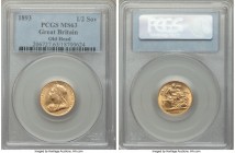 Victoria gold 1/2 Sovereign 1893 MS63 PCGS, KM784. Veiled head. Bright, with only trivial contact marks. From the Caranett Collection of Sovereigns - ...