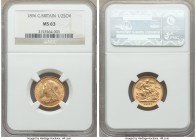 Victoria gold 1/2 Sovereign 1896 MS63 NGC, KM784. Choice, its luster somewhat subdued yet still across the entirety of the planchet. From the Caranett...