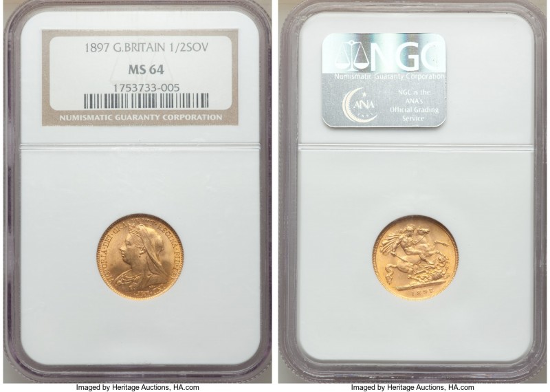Victoria gold 1/2 Sovereign 1897 MS64 NGC, KM784. Unusually, the designs have be...