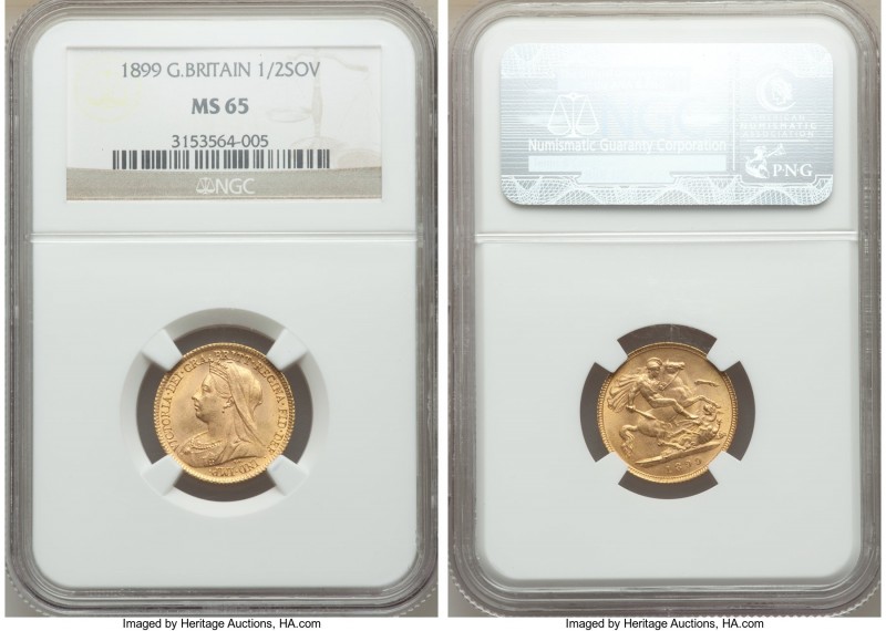 Victoria gold 1/2 Sovereign 1899 MS65 NGC, KM784. Tied with just one other examp...