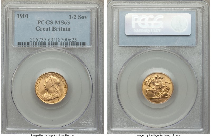 Victoria gold 1/2 Sovereign 1901 MS63 PCGS, KM784, S-3878. The final year of Vic...