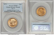 Victoria gold "Shield" Sovereign 1871 MS65 PCGS, KM736.2, S-3856B. A stunning offering, its eye appeal quite unlike any other Sovereign; its reverse e...