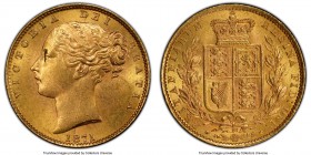 Victoria gold "Shield" Sovereign 1871 MS64 PCGS, KM736.2, S-3853B. Canary-yellow with a full coverage of mint brilliance. From the Caranett Collection...