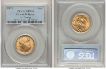 Victoria gold "St. George" Sovereign 1871 MS64 PCGS, KM752, S-3856A. An appealing high-grade example of this more attainable type, the reverse die cra...