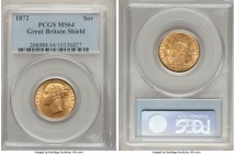 Victoria gold "Shield" Sovereign 1872 MS64 PCGS, KM736.2, S-3853B. Extremely attractive, a Sovereign whose eye appeal far transcends its impressive as...