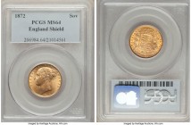 Victoria gold "Shield" Sovereign 1872 MS64 PCGS, KM736.2, S-3856A. Stunning, an almost bagmark-free example with one or two small die cracks the only ...