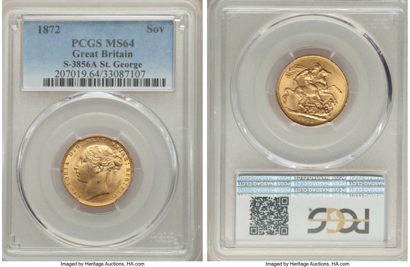 Victoria gold "St. George" Sovereign 1872 MS64 PCGS, KM752, S-3856A. Some dark a...