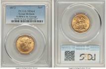 Victoria gold "St. George" Sovereign 1872 MS64 PCGS, KM752, S-3856A. Some dark areas of surface contact on the obverse, in all other respects scarcely...