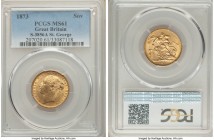 Victoria gold "St. George" Sovereign 1873 MS61 PCGS, KM752, S-3856A. Scattered bagmarks but a true Mint State selection. From the Caranett Collection ...