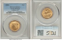 Victoria gold "St. George - 8/7" Sovereign 1880 MS62+ PCGS, KM752, S-3856A. Just half a grade point from the highest certified for this variety which ...